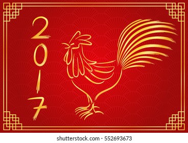 golden chicken chinese new year with red fan abstract background, vector illustration, zodiac chinese festival with abstract oriental wallpaper and decoration frame
