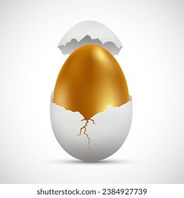 Golden chicken egg inside a broken white egg. Icon isolated on white background. Stock vector illustration