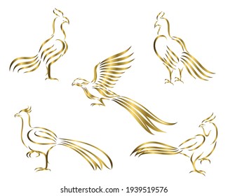 golden Chicken and pheasant line art vector picture It's a set of five pictures.