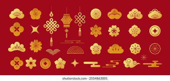 Golden Chinese, Asian abstract colorful elements, flowers, lucky coins, Chinese lanterns, background for Chinese New Year, Mid-Autumn Festival and other Chinese holidays. Vector design and collection