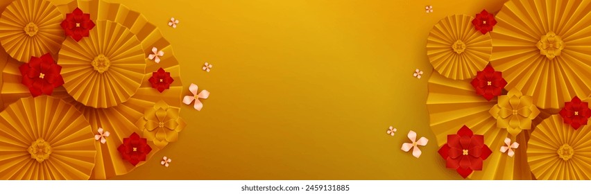 Golden Chinese background with gold and red paper fan and flowers. Realistic 3d vector illustration of bg with traditional oriental decorative symbols for New Year greeting or promotion banner.