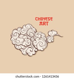 Golden Chinese Clouds hand drawn vector illustration. Overcloud Outline. Smoke brown and white abstract clipart. Chinese art drawing with engraving. Wind blowing. Isolated postcard design element