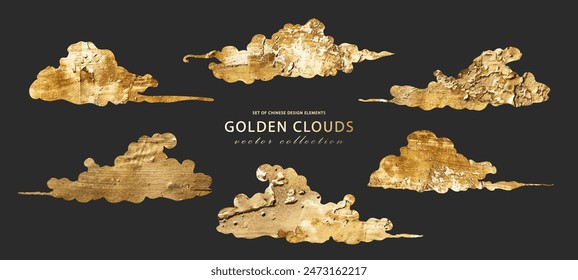 Golden Chinese clouds on black background. Set of decorative elements for your design. Gold acrylic paint, gold leaf. Vector collection