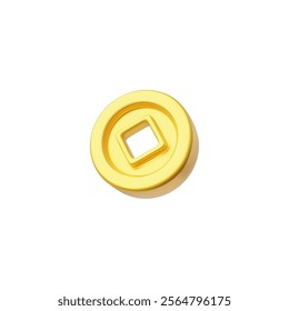 Golden Chinese coin with square hole. 3D realistic money, cash, treasure sign. Asian lucky fortune and finance symbol. Cartoon wealth vector render illustration. Lunar New Year gift