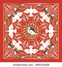 golden chinese contemporary and white egret scarf pattern on red