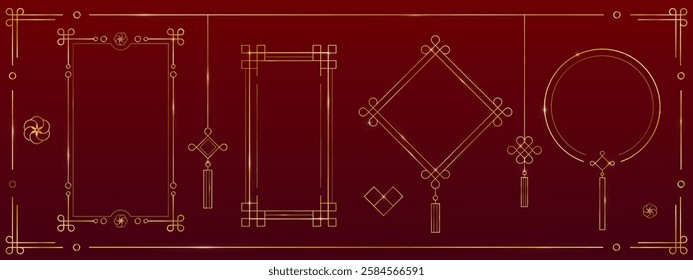 Golden Chinese decorative frames with traditional ornamental elements and tassels on red background. Oriental geometric borders with squares, circles, knots patterns. Luxury Asian design motifs.