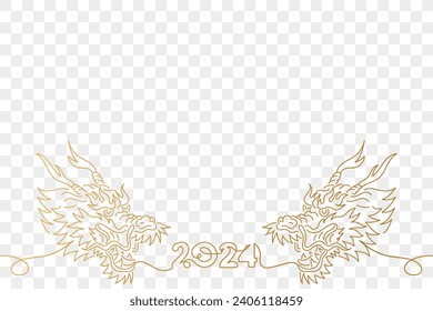 Golden chinese dragon head and chinese new year 2024 in one continuous line drawing.	