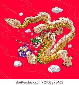 Golden Chinese dragon holding pearl. Beautiful fantasy illustration. Symbol of 2024 New Year. Vector creative art drawing.