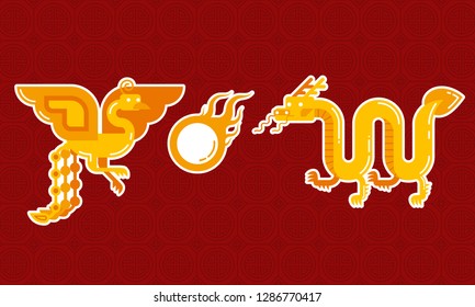 Golden Chinese Dragon and Phoenix with Pearl on Red Chinese Pattern background - Vector Illustration