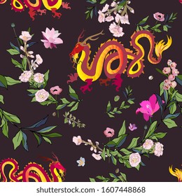 Golden Chinese dragon surrounded by tropical flowers on dark violet background seamless vector pattern. Picture with a mythical animal. EPS10