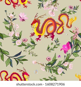 Golden Chinese dragon surrounded by tropical flowers on sage and beige background seamless vector pattern. Picture with a mythical animal. EPS10