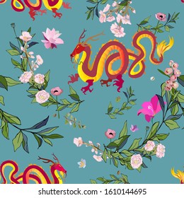 Golden Chinese dragon surrounded by tropical flowers on blue backgroundseamless vector pattern. Picture with a mythical animal. EPS10