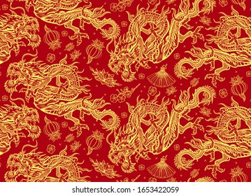 Golden chinese dragons on a red background. Ancient China seamless pattern. Flying yellow snakes, pink fan, red lantern and lotus flowers. Asian history and culture. Traditional oriental background 