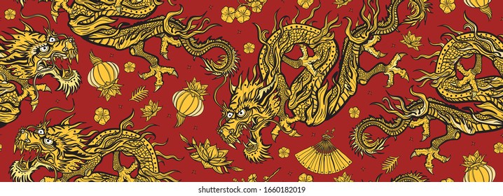 Golden chinese dragons seamless pattern. Ancient China history and culture. Asian travel background. Oriental art. Flying snakes, pink fan, red lantern and lotus flowers 