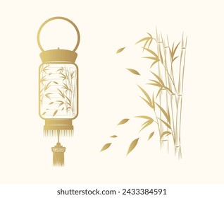 Golden Chinese hanging lantern and bamboo branches. Hand drawn vector illustration for Asian themed design.