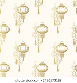 Golden chinese hanging lanterns and knots seamless pattern. Hand drawn symbols of fortune and luck. Vintage vector illustration for textile, background or wrapping
