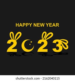 Golden chinese happy new year 2023, year of the rabbit cute bunny with crescent moon and star on black background flat vector design.