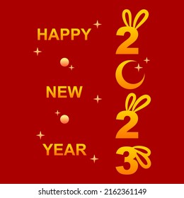 Golden chinese happy new year 2023, year of the rabbit cute bunny with crescent moon and stars on red background flat vector design.