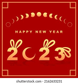 Golden chinese happy new year 2023, year of the rabbit cute bunny with moon phases on red background flat vector design.