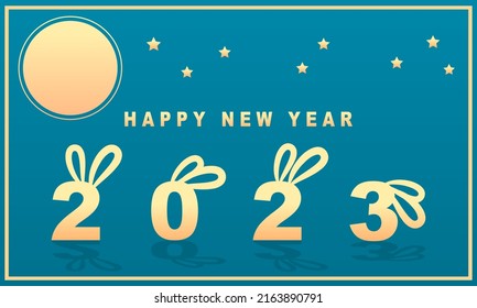 Golden chinese happy new year 2023, year of the rabbit cute bunny with moon and stars on blue background flat vector design.