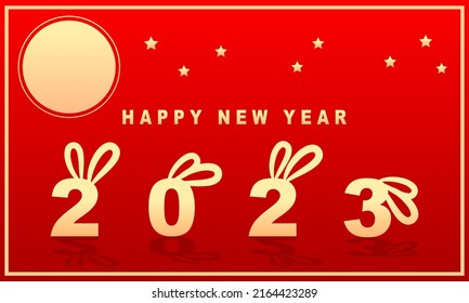Golden chinese happy new year 2023, year of the rabbit cute bunny with moon and stars on red background flat vector design.