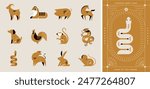 Golden Chinese horoscope zodiac collection, geometric minimalist style. Animals symbols of Chinese New year . Set of mascots: rabbit, dragon, snake, tiger, ox, rat, pig, dog, rooster, monkey, goat