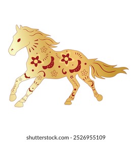 Caballo chino dorado con flores y adornos tradicionales sobre fondo aislado blanco. Nuevo año de 2026 animal horse symbol. Silueta del símbolo del caballo del zodiaco chino