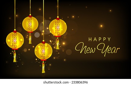 Golden Chinese lamps hanging on shiny brown background for Happy New Year celebrations. 