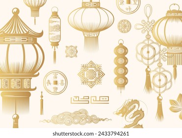 Goldene chinesische Laternen Sammlung. Handgezeichnete isolierte Menge von Feng Shui-Symbolen und Dekorelementen isoliert auf weißem Hintergrund. Vektor-Illustration für Grußkarten und Druck. 