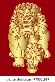 Golden Chinese lion vector. Gold lucky lion wallpaper.