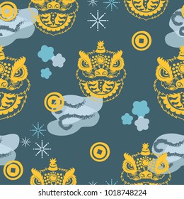 Golden Chinese Lion. Vector seamless pattern
