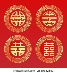 Golden Chinese New Year Emblems Illustration - 
 Fortune, and Longevity Symbols in Traditional Frames on Red.