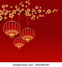 Golden Chinese New Year lanterns hang on a Japanese apricot branch on red Chinese abstract pattern background. Illustration of Red and Golden Chinese lanterns vector.