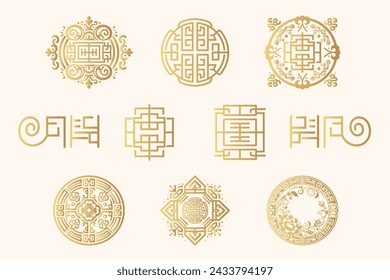 Goldene chinesische Ornament-Ikonen isoliert auf weißem Hintergrund. Handgezeichnete Vektorsammlung für Oberflächengestaltung, Grußkarten und Druck.