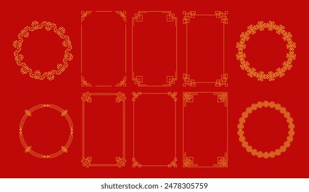 golden Chinese ornament on a red background. This geometric, traditional Asian pattern