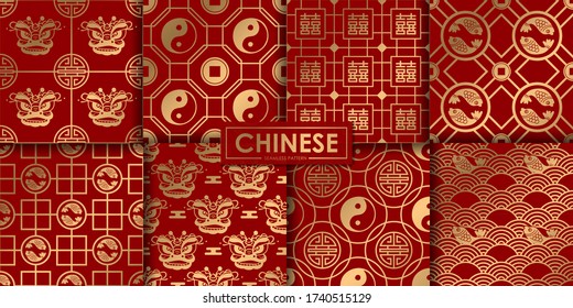 Golden chinese pattern collection, Abstract background, Decorative wallpaper.