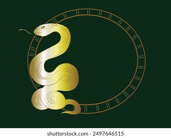 Golden Chinese snake banner template on green background. Elegant golden snake the symbol of the Year on the green background. Design for New Year banner, backgrounds, cards with space for text.