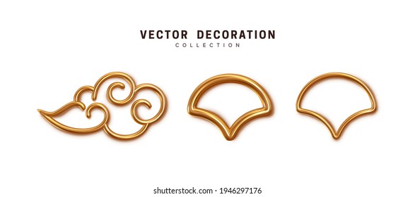 Golden Chinese symbols of clouds, and waves of metal. 3d realistic object. Vector illustration