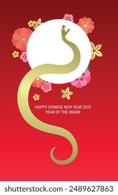 Golden chinese zodiac snake with flowers background. Chinese new year of the snake 2025 elegant greeting card.