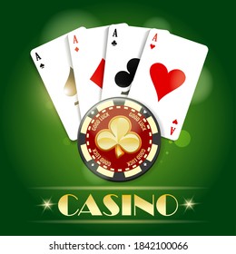 Golden chip with ace card casino emblem concept. Poker club emblem on green background. Vector illustration.
