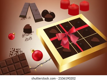 Golden chocolate box vector realistic. Product placement packaging chocolate factory. Christmas chocolates or valentines day gift