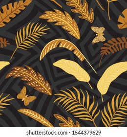 Golden and Chocolate Vector Leaves in Grayscale Geometric Background. Seamless Illustration Gold Butterfly Tropical Wallpaper. Beauty Foliage in Autumn Color. Repeat Fabric Exotic Pattern Backdrop