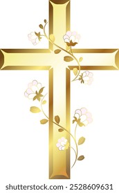 Golden Christian cross entwined with stem of flowers