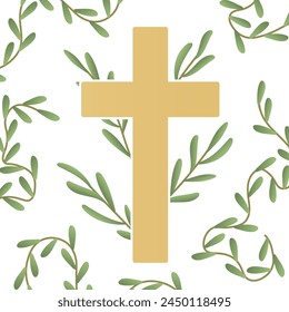 golden christian cross with floral decoration; design element for first holy communion, baptism invitations and greeting cards - vector illustration