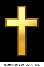 Golden christian cross, gold catholic crucifixion. Religious attribute.