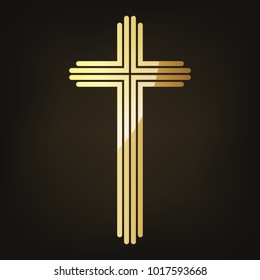 Golden Christian Cross Icon. Vector Illustration. Golden Christian Cross Isolated On Dark Background.