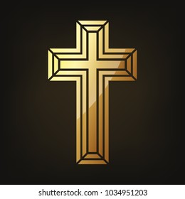 Golden Christian cross icon. Vector illustration. Golden Christian cross isolated on dark background.