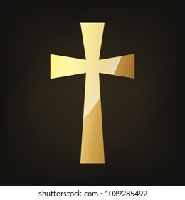 Golden Christian cross icon. Vector illustration. Golden Christian cross isolated on dark background.