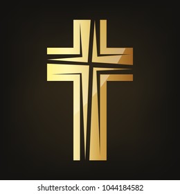 Golden Christian cross icon. Vector illustration. Golden Christian cross isolated on dark background.