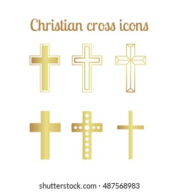 Golden christian cross icons isolated set. Vector illustration